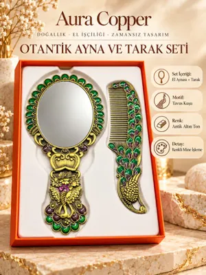 Aura Copper Tavus Kuşu Motifli Mineli El Aynası ve Tarak Seti 2 Parça Ac-At-001- Antik Yeşil