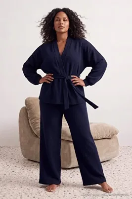 Trendyol Curve Lacivert Kuşaklı Sabahlık-Pantolon Örme Büyük Beden Pijama Takımı TBBAW27AI00035