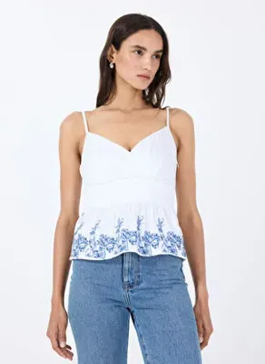 Guess Beyaz Kadın Bol Kesim Bluz SL BLANCHE PLACE EMB - COTTON EMBRO
