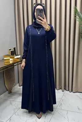 mercan moda NUR ELBİSE Kristal Belis Kumaş Kadın Lacivert İki Yanı Boydan Yapıştırma Taş Detaylı Deri Parçalı Şık Elbise