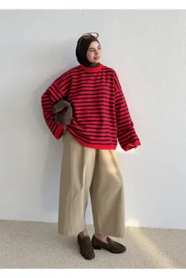 MODA AKSA 1027 _BSKLT YAKA ÇZGİLİ KAZAK KIRMZI LACİVERT