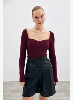 Sateen Kalp Yaka Triko Bluz - Bordo
