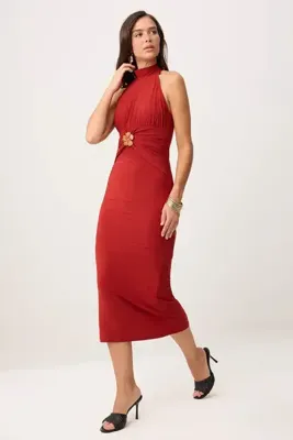 TRENDYOLMİLLA Kiremit Bodycon Halter Yaka Kolsuz Aksesuar Detaylı Midi Esnek Örme Elbise TWOSS26EL00267