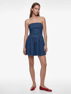 Koton Pamuklu Straplez Kalp Yaka Kolsuz Korse Detaylı Mini Denim Elbise