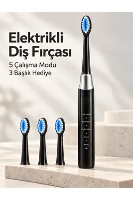 OEM Hassas ve Masaj Modlu Siyah Elektrikli Diş Fırçası USB Şarjlı 3 Başlık Hediyeli