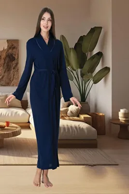 CT MODA Kadın Lacivert Tasarım Pamuklu Uzun Kuşaklı Sabahlık
