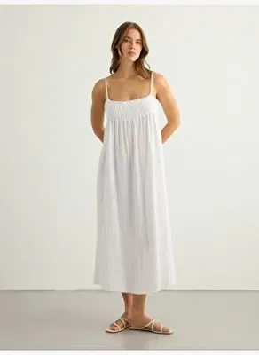 The Handloom Kaya Smocked Maxi Elbise - Beyaz 