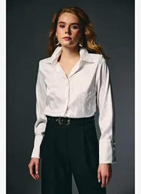 Sateen Zebra Desenli Gömlek - Ekru