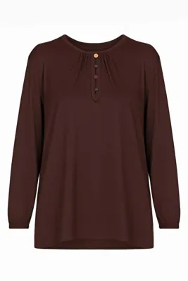 ziend fashion Kadın Likralı Orta Yaş Ve Üzeri Dört Mevsim Kahverengi Anne Penye Bluz Düğme Desenli Lastikli Kol