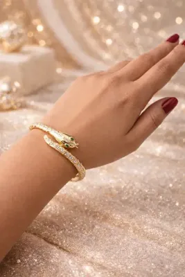 staınless steel Premium Gold Yılan Figürlü Taşlı 316L Paslanmaz Çelik Kelepçe Bileklik