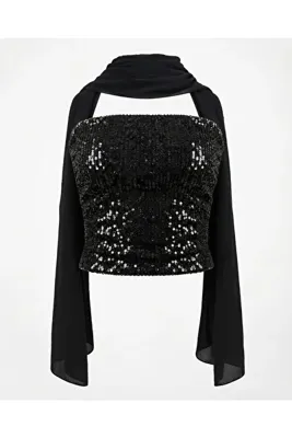auraandmore AURORA PAYETLİ STRAPLEZ ŞİFON FULAR DETAYLI CROP BLUZ