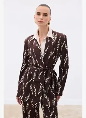 Sateen Desenli Uzun Ceket - Kahve