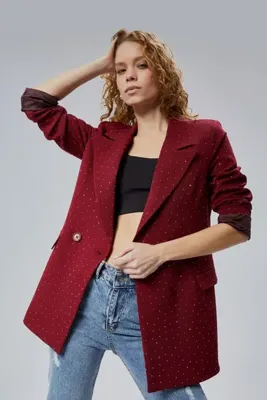 Bolivente Bordo Regular Dokuma Astarlı Taş Detaylı Blazer Ceket