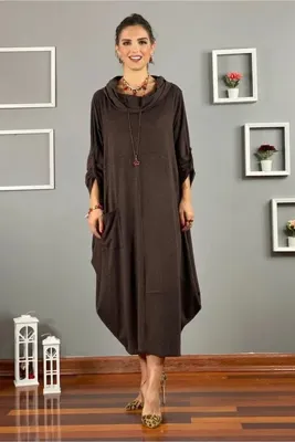 Nevin Kaya Moda Kahverengi Sihirli Yaka Pamuklu Elbise