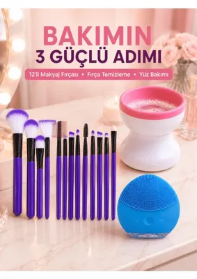 MarkEntegra 3’lü Güzellik ve Kişisel Bakım Seti 12’li Makyaj Fırçası Fırça Temizleme Cihazı ve Yüz Temizleme Cih