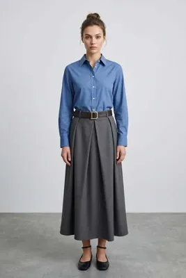 Fulla Moda Kemerli Pileli Maxi Boy Etek