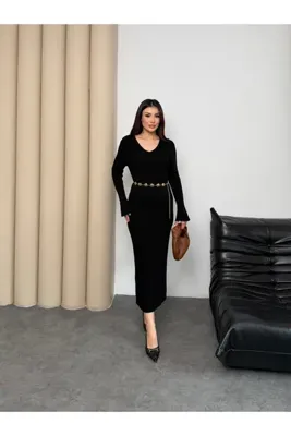 MiraMore Butik Fitilli Triko Uzun Elbise V Yaka Kadın Elbise