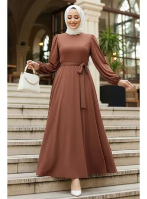 Neva Style Kemerli Kahverengi Tesettür Elbise 23101KH
