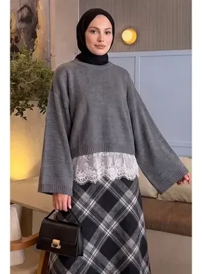 Salih Çelebi Dantel Detay Triko Kazak T2615 - GRİ