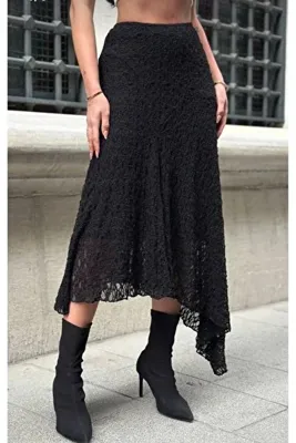 greymoda Kadın SİYAH Asimetrik Kesim Astarlı Dantel Etek_GRY_003451