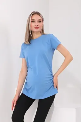 BIG LESSON Hamile Indigo Bisiklet Yaka Kısa Kollu %100 Pamuk T-shirt