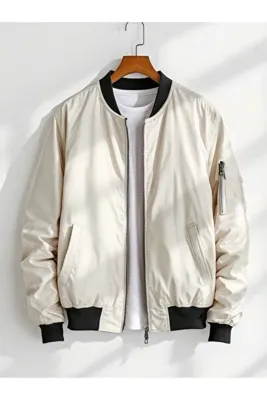 Gameyal Unisex Bej Oversize Çift Cepli Bomber Ceket Kolej Ceket