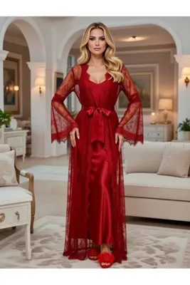 NAHAWAND Lüks Dantelli Saten Sabahlık Takımı - Özel Tasarım Elegant Gecelik ve Robe de Chambre