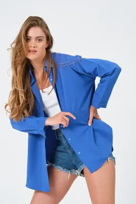 modazoom Kadın Saks Mavi Oversize Uzun Basic Gömlek