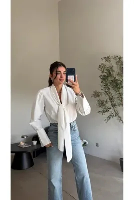 Bade Butik Beyaz Şal Detaylı Vatkalı Gömlek