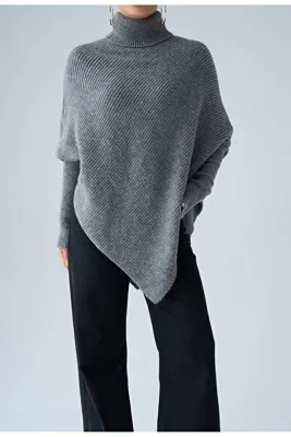 Qu Style Ribana Örgü Boğazlı Yaka Panço Triko Kazak