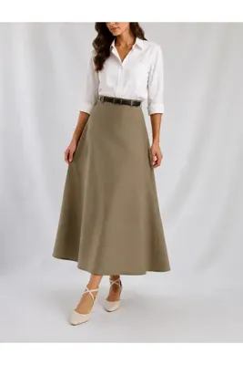YAXİ KEMER DETAYLI MAXİ BOY BOL HAKİ DOKUMA ETEK