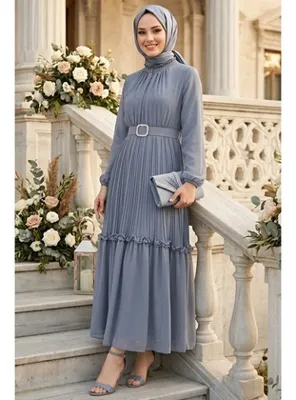 Neva Style Tokalı Kemerli Gri Tesettür Elbise 24683GR