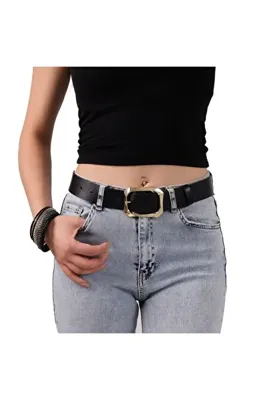 GoDeri Kadın Moda Gold Renk Tokalı, Tek Parça Yumuşak Hakiki Deri Siyah Kemer, 3.8 Cm, Ihraç Ürün=amz-08