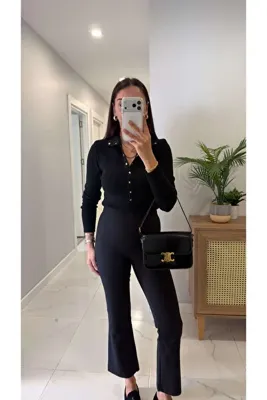 BİRCANÇİL Dlvin Nilla Siyah Dik Yaka Çıtçıtlı Triko