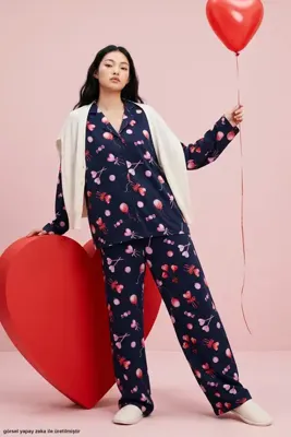 Siyah İnci Lacivert Balon Desenli Örme Düğmeli Pamuklu Pijama Takım 7976