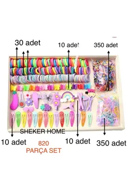 SHEKER HOME 820 Parça Kız Çocuk Saç Aksesuar Seti – Havlu, Örgü & Spiral Lastik + Çıtçıt Toka