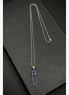FRNCH 925 Ayar Gümüş Çengelli İğne Model Lacivert Zirkon Taşlı Erkek Kolye FRJ30759-859-L2