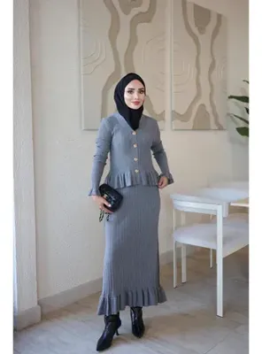 İmaj Butik Füme Corsman Fırfırlı Triko Hırka Etekli Takım