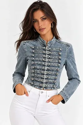 Cool & Sexy Kadın Premium İnci Düğme Detaylı Crop Denim Ceket