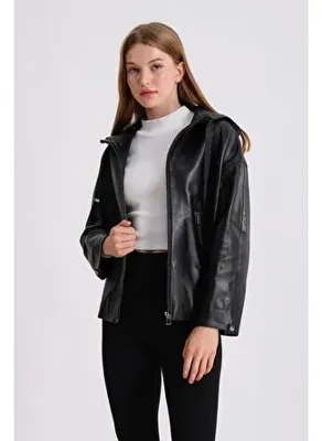 Maroquin Leather Gaga Kadın Kapüşonlu Deri Mont