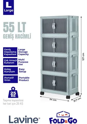 obido Lavine Fold&Go 4'lü Portatif Kapaklı Organizer Tekerlekli Dolap Çok Amaçlı Mavi Katlanır Plastik Modern Tasarım 55 LT Depolama Kapasitesi