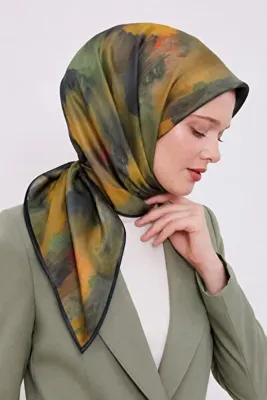 Lesscarves Pamuk İpek Eşarp Batik Desenli LS2204 09-Hardal-Antrasit-Yeşil