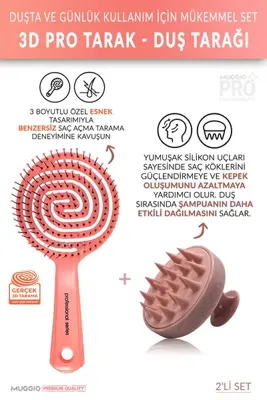 Muggio Pembe Pro Üç Boyutlu Oval Saç Fırçası + Pembe Silikon Duş Masaj Tarağı