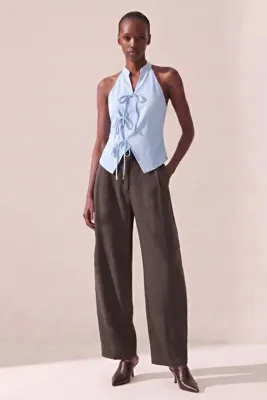 LA PANTE Kadın Pantolon Barrel Pantolon Beli Lastikli Pileli Cloutte Pantolon Yüksek Bel Şık Boyfriend Geniş Paça Mom Kahverengi