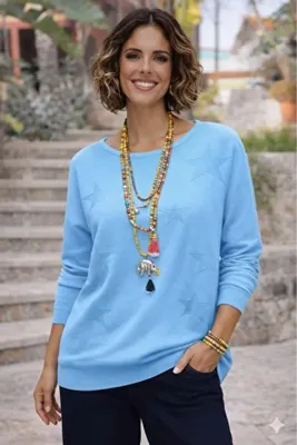 Nevin Kaya Moda Gökyüzü Rengi Yıldızlı Merserize Bluz