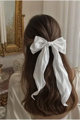 Cinderella Accessories Zarif Kadın Saten Büyük Fiyonk Otomatik Toka Beyaz - Kurdele Fiyonklu Klipsli Saç Tokası