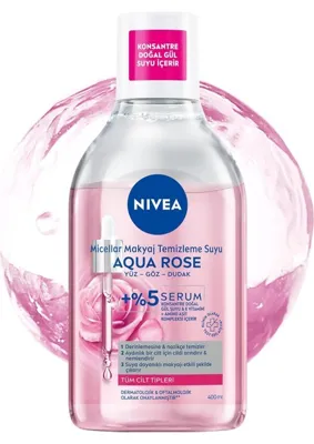 TemmuzX Nıvea Aqua Rose Gül Suyu ve Serum Içeren Çift Fazlı Micellar Makyaj Temizleme Suyu 400ML,YÜZ Göz Dudak, Spf Filtrelerini Temizler