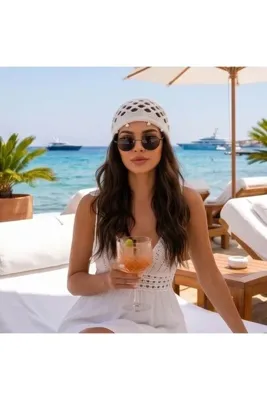 Trend Kapında Bohem Stil İnci Detaylı Ajurlu Yazlık Triko Saç Bandanası, Saç Aksesuarı