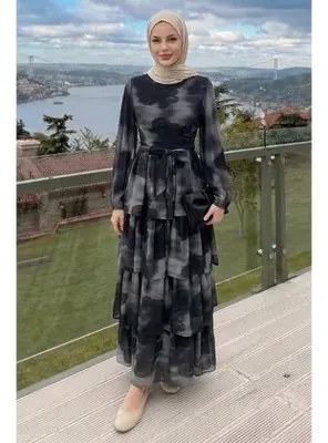 InStyle Desenli Kat Kat Füme Şifon Elbise