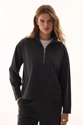 Penti Antrasit Yarım Fermuarlı Çizgili Polo Yaka Sweatshirt